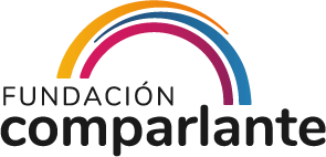Fundación Comparlante. Logo compuesto por tres líneas curvas en colores amarillo, azul y magenta, las cuales forman un puente. Debajo, en letras color negro se lee Fundación Comparlante.