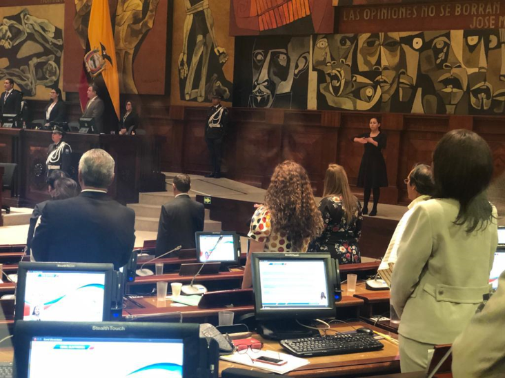 En el recinto de la Asamblea Nacional, un grupo de Asambleístas se encuentran de pie, a un lado aparece una intérprete de Lengua de Señas interpretando el evento.