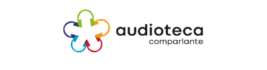 Logo de Audioteca Comparlante: ícono de auriculares multicolores entrelazados en rueda formando una flor sobre fondo blanco con las palabras “Audioteca Comparlante” en color negro.