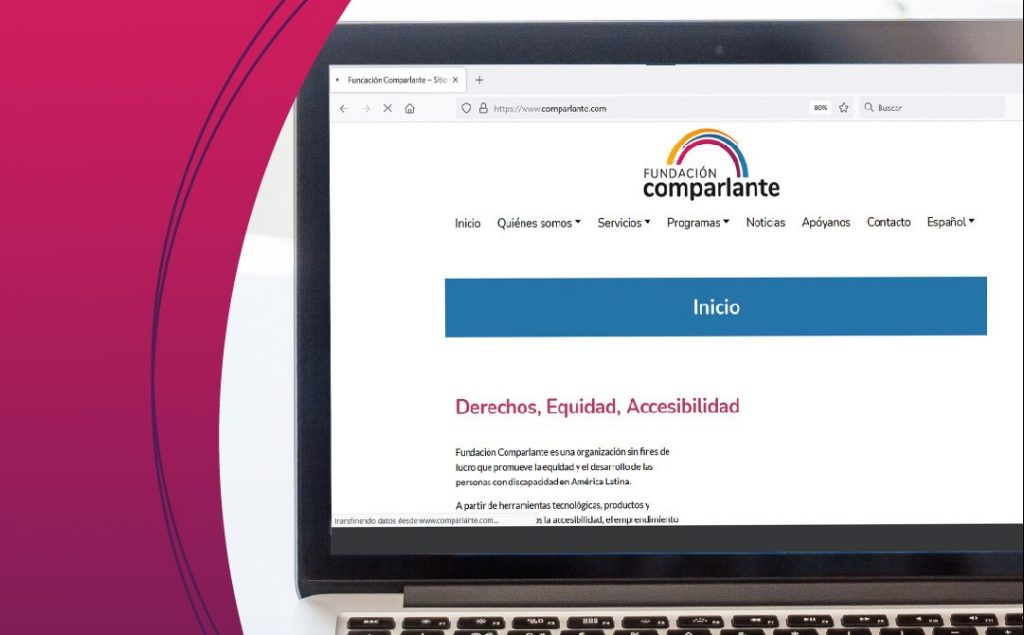 Image in white background with pink details, in the background a computer with the Comparlante web page.