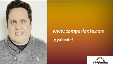 Image on orange background on the left Image of Sebastian. In the center, invitation to collaborate with the foundation. Fundación Comparlante logo.