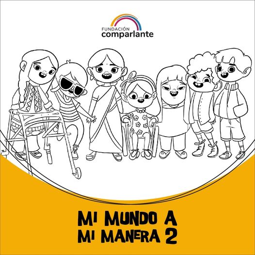 Image of children characters from #MiMundoAMiManera. Comparlante Foundation logo.