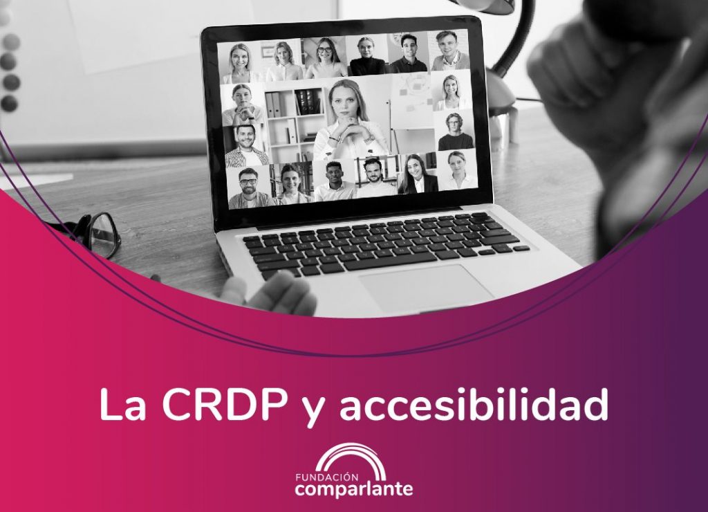 Image of a person looking at the computer, on the screen a virtual meeting. Comparlante Foundation logo.