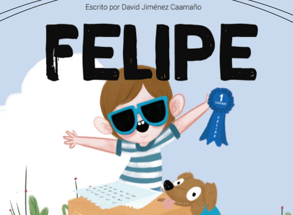 Image of the caricature of Felipe, a smiling boy raising his arms with sunglasses and a light blue T-shirt. Comparlante Foundation logo.