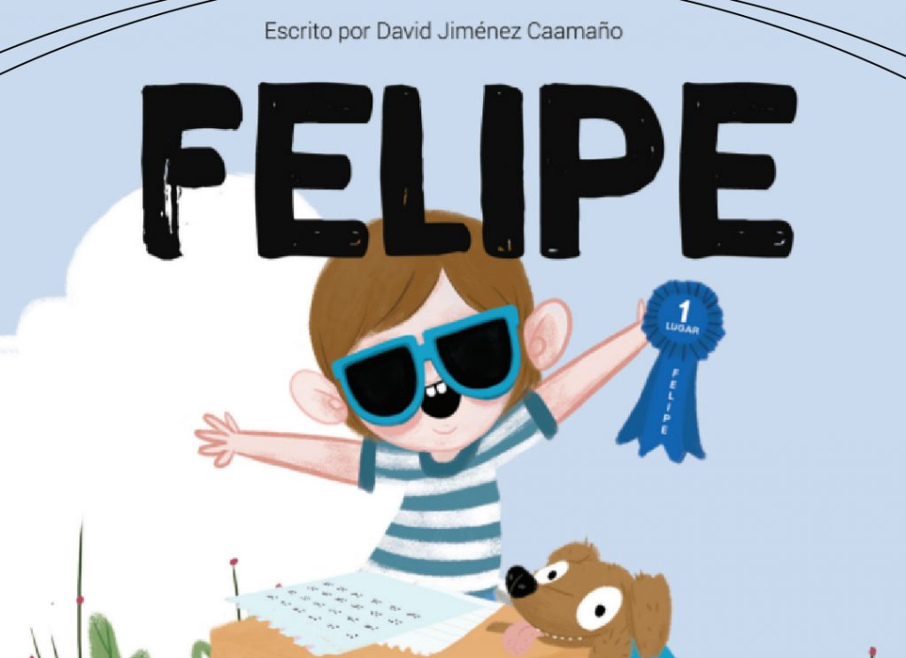 Imagen de la caricatura de Felipe, un niño sonriendo levantando sus brazos con lentes de sol y remera en tonos celeste. Logotipo Fundación Comparlante.