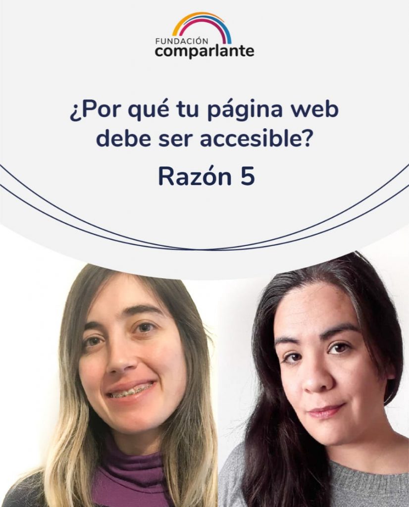 Imagen de Barbara y Mayra miembros del equipo de desarrollo web, junto a la frase 10 razones por las que tu sitio web debe ser accesible. Logotipo Fundación Comparlante.