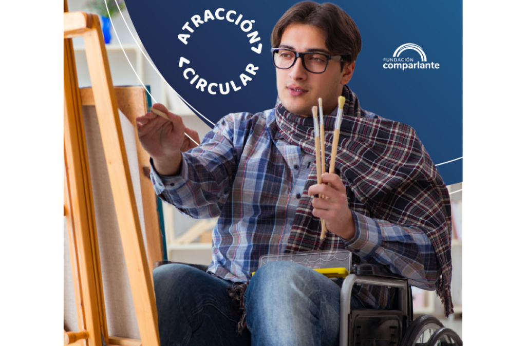 Fotografía de un joven en silla de ruedas pintando un cuadro. A su izquierda se ubica el logotipo de Atracción Circular y a la derecha el de Fundación Comparlante.