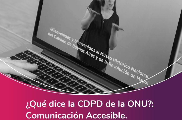 Photo of a Notebook screen with the image of a video with subtitles and an interpreter. Below it, there is the text: “What does the UN CRPD say? Accessible Communication