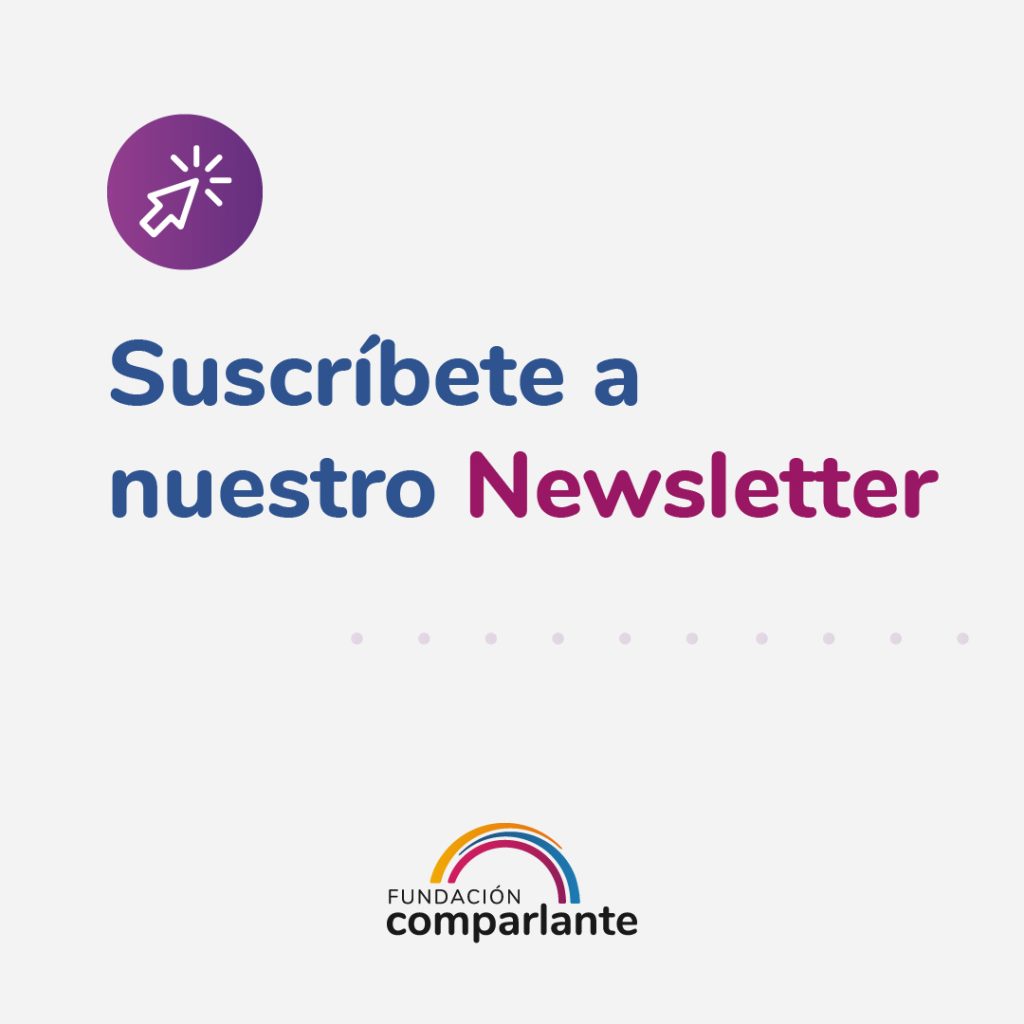 n the image appears a text that reads: "Subscribe to our Newsletter", the last word highlighted in fuchsia. To the right is a mouse pointer icon, and in the bottom margin the logo of Fundación Comparlante.