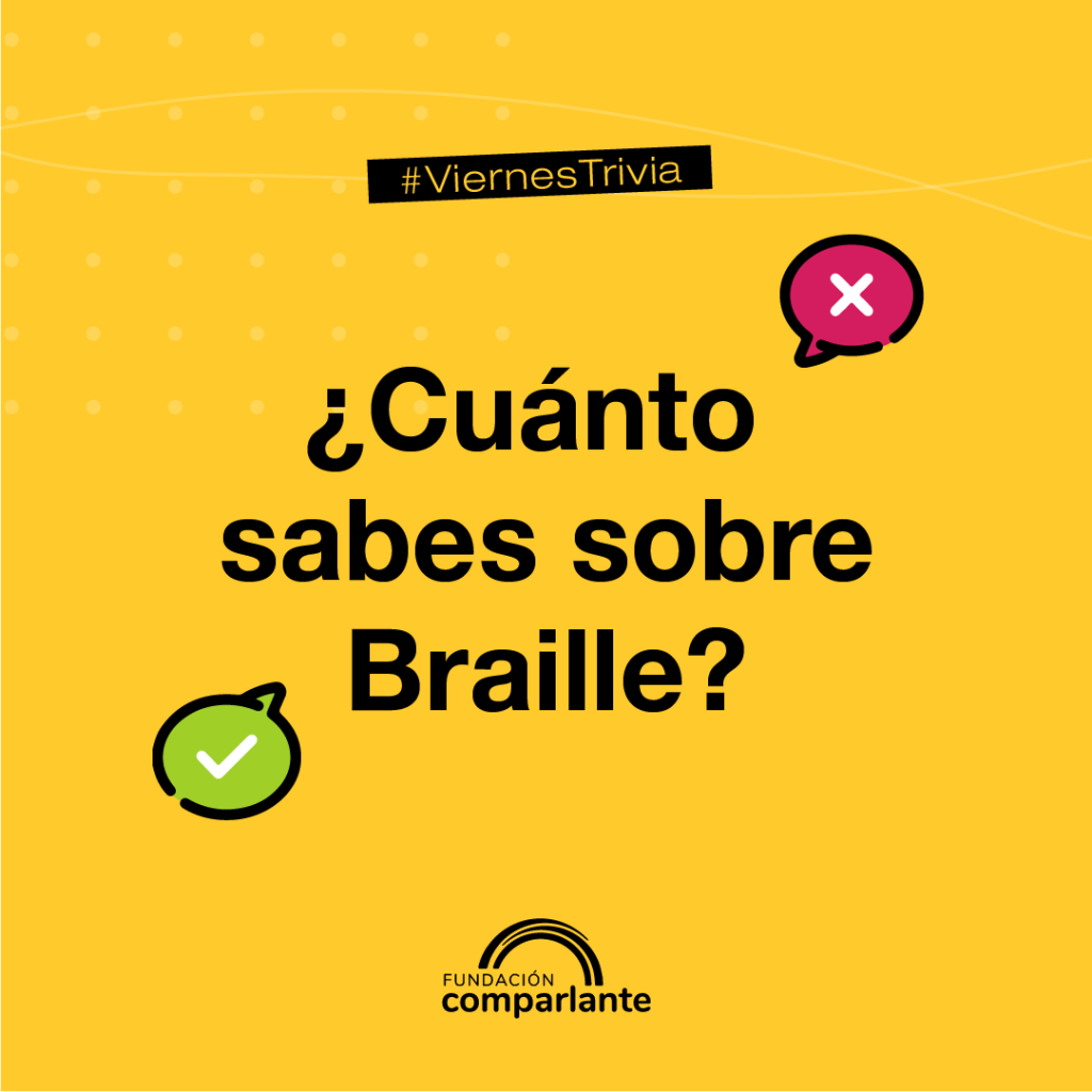 Placa amarilla sobre la que se inscribe el texto: " #ViernesTrivia ¿Cuánto sabes sobre Braille? Al rededor hay dos símbolos: una tilde en un globo de diálogo verde y una cruz en un globo de diálogo rojo.