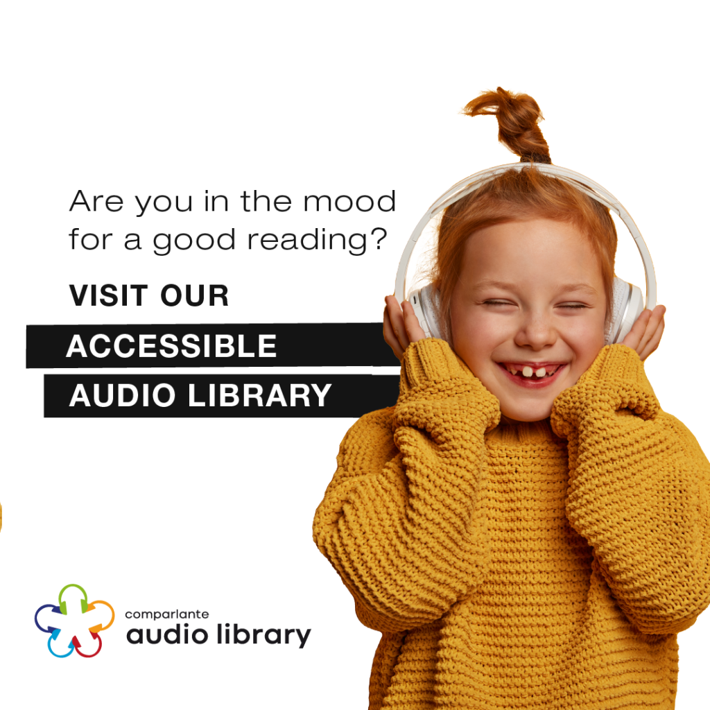 Photo of a smiling girl wearing headphones. To the left of the image a text reads: "Looking for a good read? Visit our accessible audio library”.