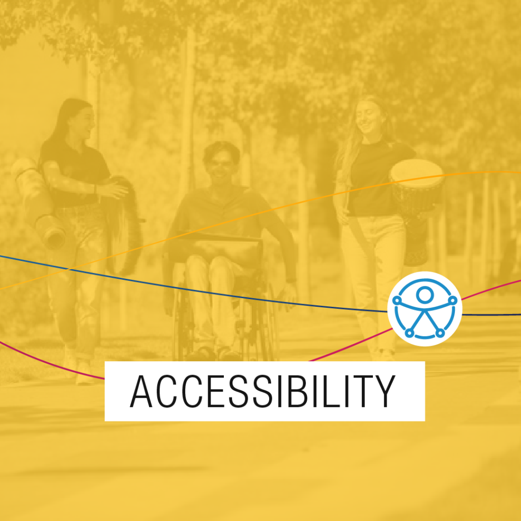 Photography with a yellow filter of three people taking a walk. one of them is a wheelchair user. Above the photo is the text: "Accessibility", accompanied by the Universal Accessibility symbol.