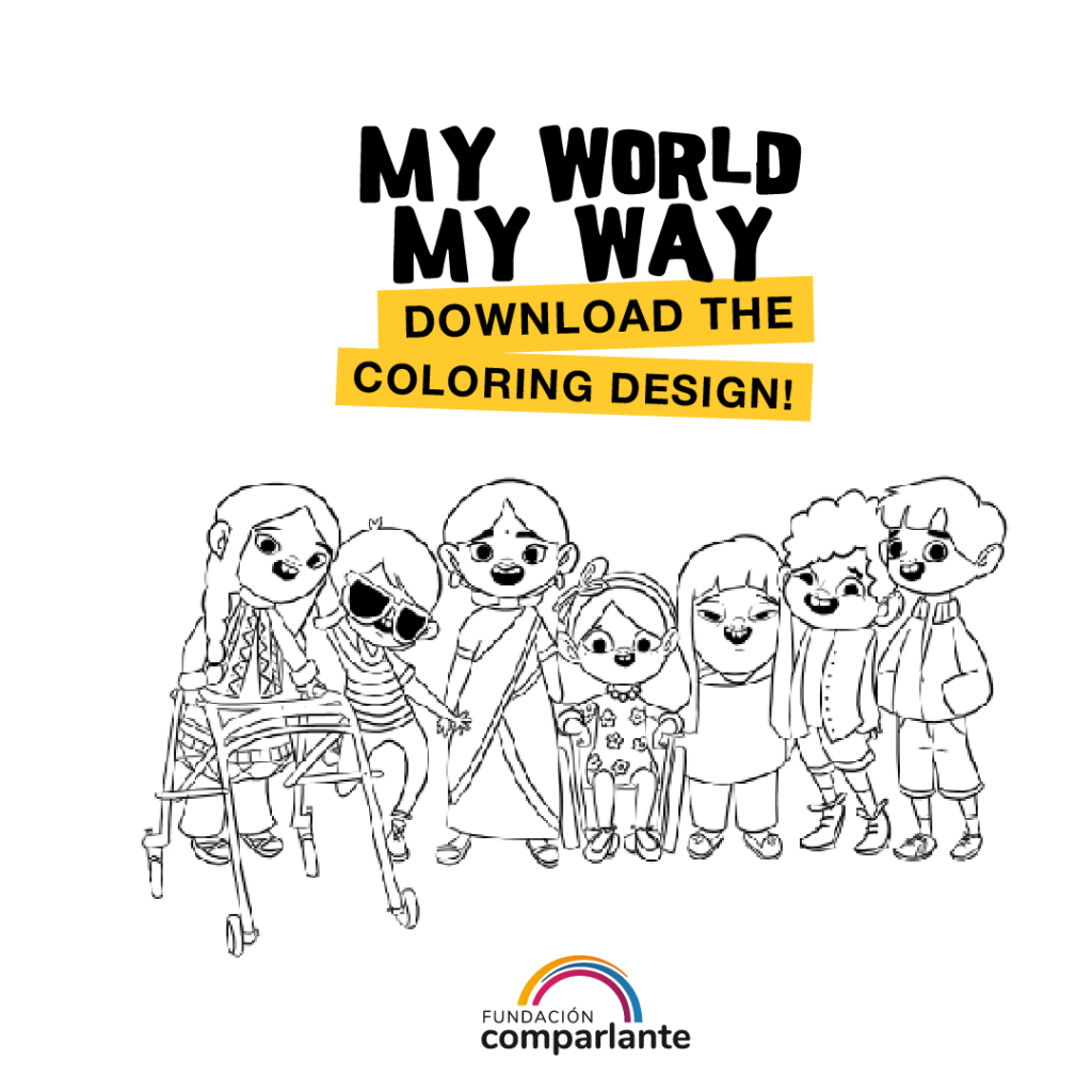 In the image, the text reads: "My World My Way. To download and paint" while in the lower part there is an illustration of the contest characters without color.