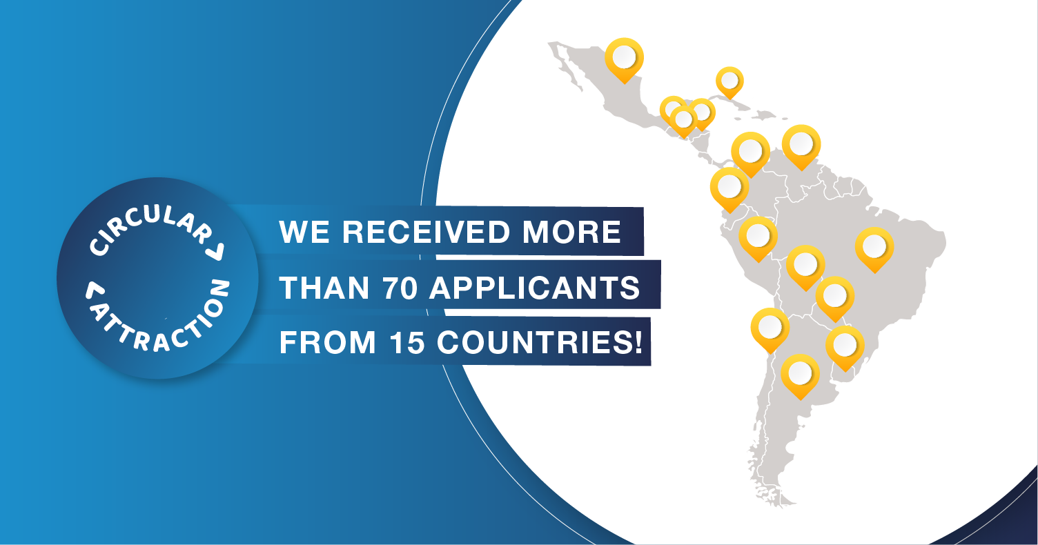 Image of the map of Latin America with yellow icons that mark the location of different countries. On the left side, the logo of the Circular Attraction Program appears next to a text that reads: “We received more than 70 applicants from 15 countries!