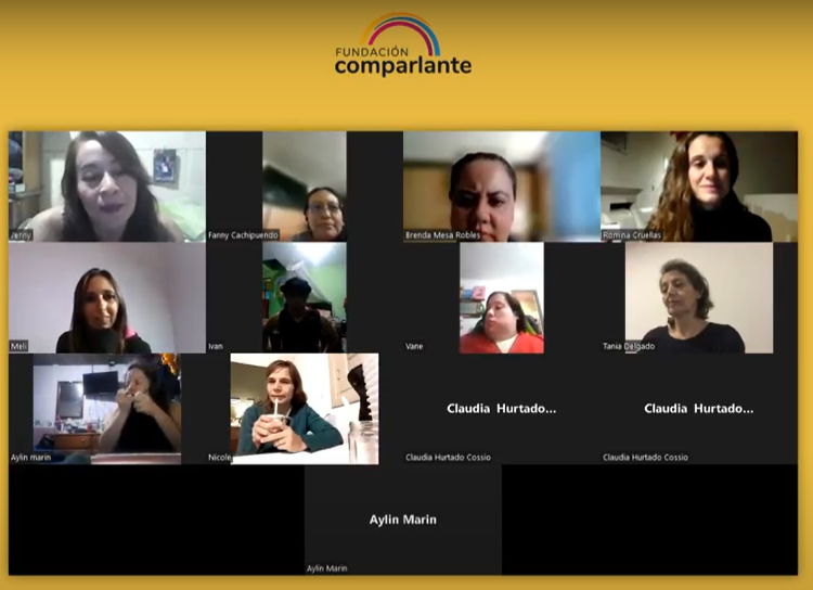Screen shot of a Circular Attraction meeting with all the program participants on a yellow background. In the upper part, there is the logo of Fundación Comparlante.