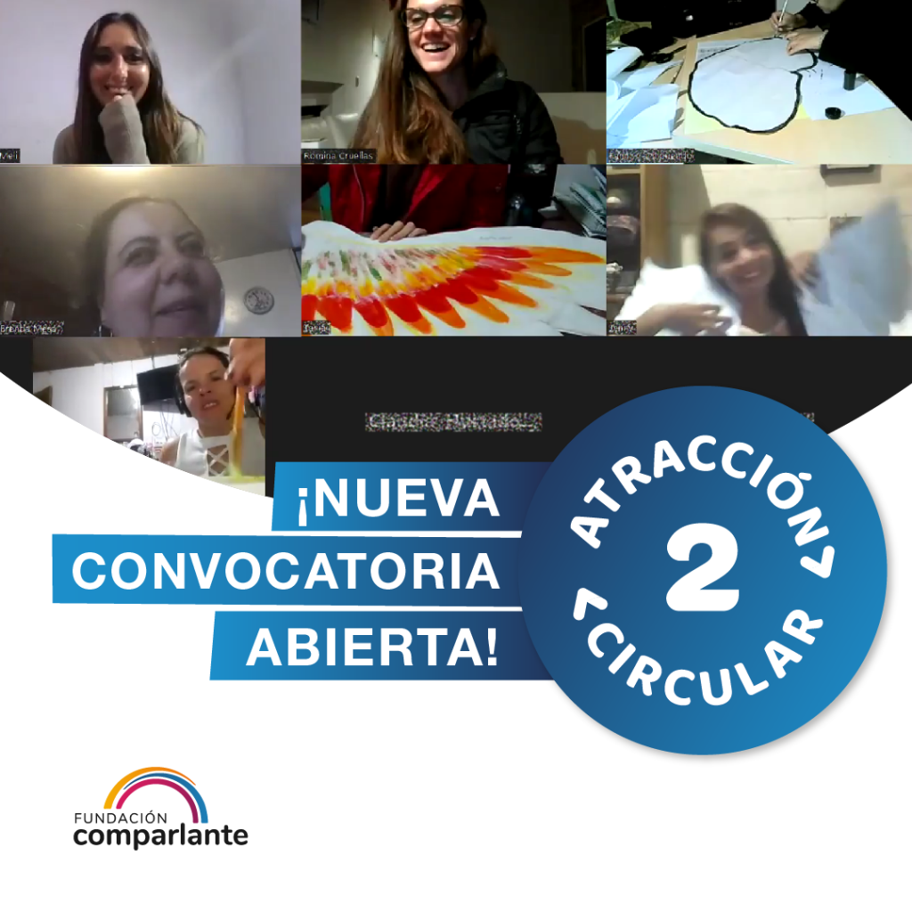 Imagen de convocatoria para el segundo ciclo de Atracción Circular. Figura el logo de Atracción Circular, acompañado del título "¡Nueva Convocatoria Abierta! Sobre un fondo con una captura de pantalla de una clase virtual del Programa. De pie de imagen, el logo de Fundación Comparlante.