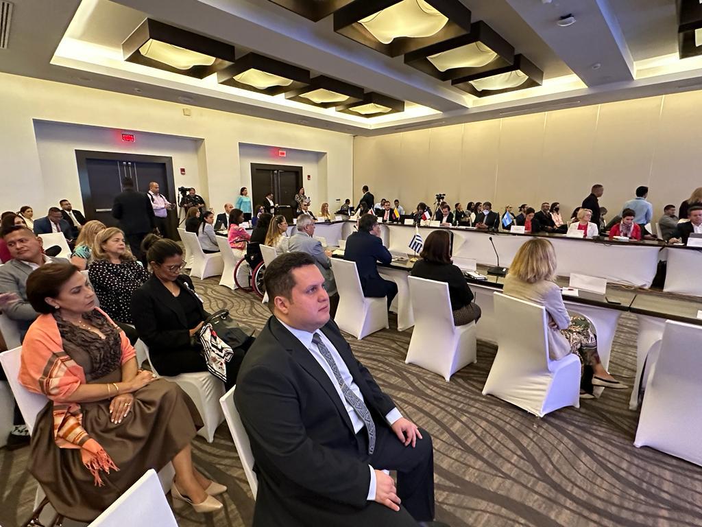 Sebastián Flores, Executive Director of Fundación Comparlante, sitting in the room where the CEDDIS is held. He is in profile like the rest of the audience. More speakers and diplomats are behind him.