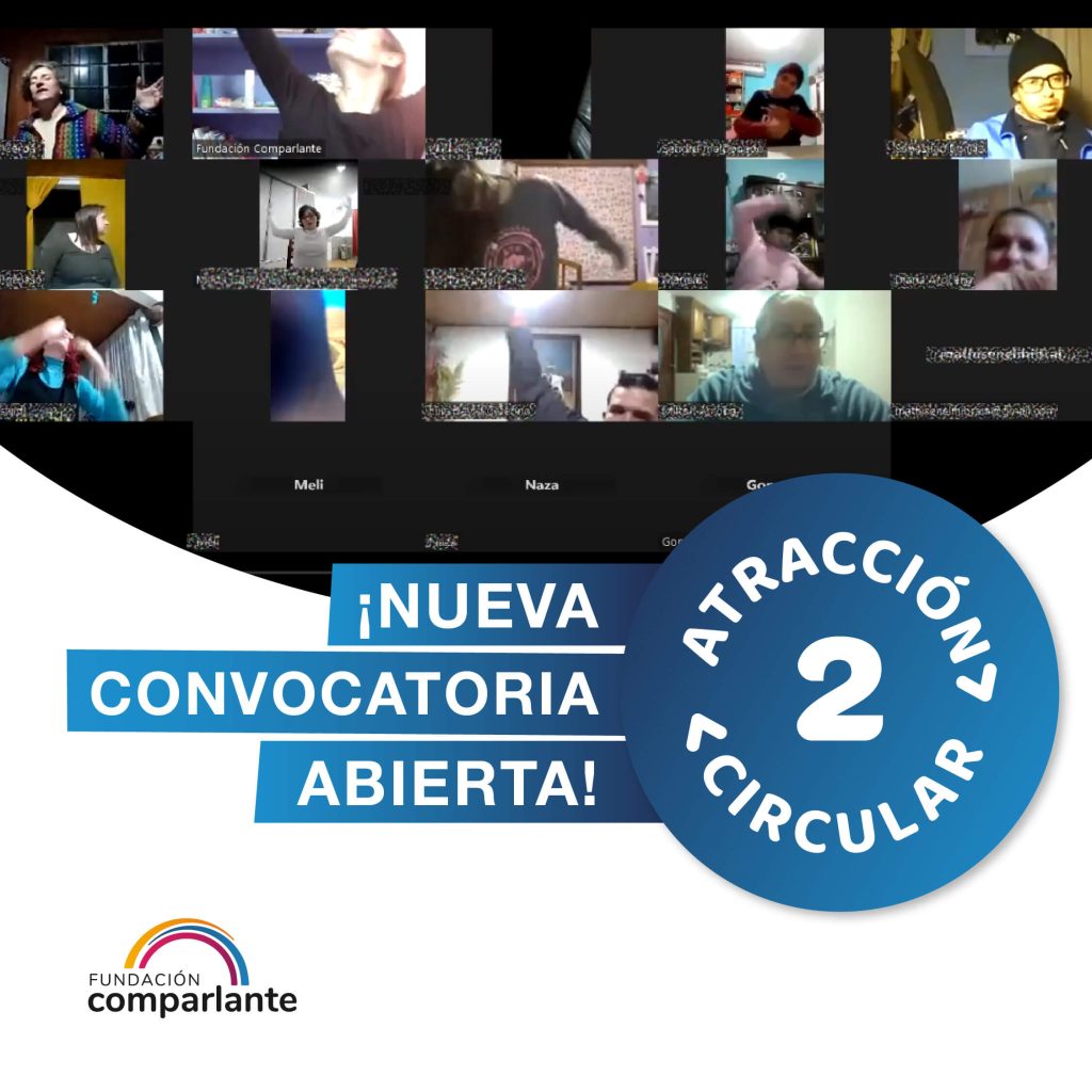 Placa con el texto "Nueva convocatoria abierta. Debajo, el logo de Fundación Comparlante.