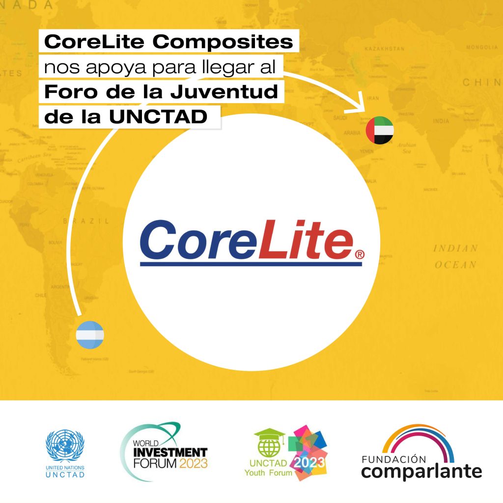 Placa titulada "CoreLite Composites nos apoya para llegar al Foto de la Juventud de la UNCTAD." Se encuentra el logo de CoreLite. Debajo, los logos de Comparlante, Unctad Youth y el World Investment Forum 2023.