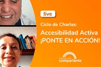 Image titled “Cycle of Talks, Active Accessibility, Take Action!” On one side, a screenshot of the interview conducted by Sebastión Flores with Kathy Pico, a runner who uses a prosthesis on her right leg. The logo of Fundación Comparlante is also included.