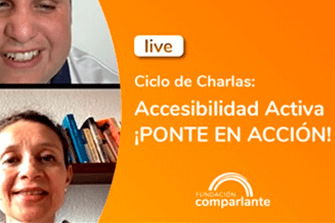 Imagen titulada “Ciclo de Charlas, Accesibilidad Activa, ¡Ponte en Acción!”. A un lado, una captura de pantalla de la entrevista realizada por Sebastían Flores a Kathy Pico, runner usuaria de prótesis en su pierna derecha. Acompaña el logo de Fundación Comparlante.