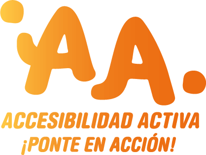 Logo de Accesibilidad activa, conformado por dos letras de color naranja y con dos puntos en los laterales de estas letras, simulando balones de distintos deportes.