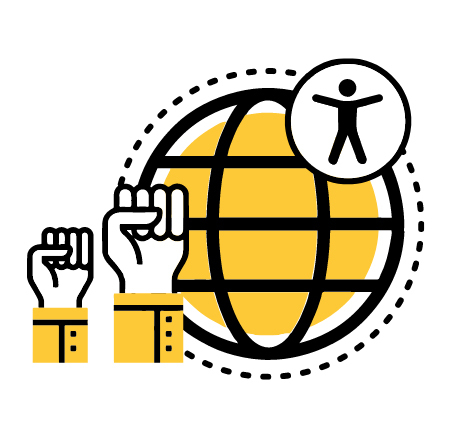 Two fists raised in a fight accompanied by a globe and the accessibility symbol.
