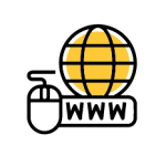 Icon composed of a mouse clicking on a globe with meridians and a “www” referring to the Internet.