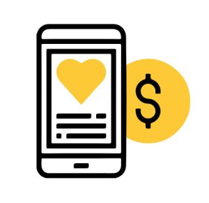 Imagen de un telefono por delante de una moneda, y en su pantalla se muestra un corazón
