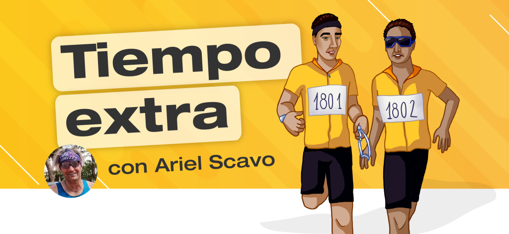 Imagen con el texto: 'Tiempo extra, con Ariel Scavo.' En el margen derecho, ilustración de dos personas corriendo. Una persona es ciega y la otra la guía, ambas sujetan una soga.